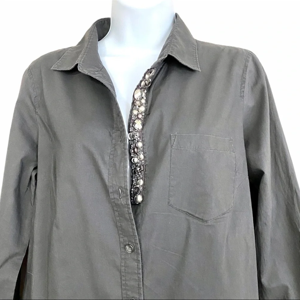 J. Crew Gray Cotton Embellished Button-front Shirt Small Officecore Work Career